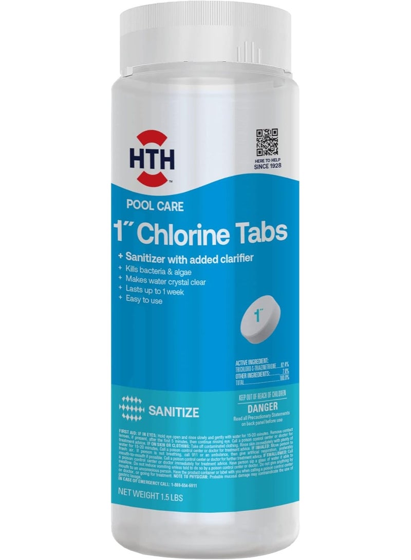 HTH 42049 Pool Care 1" Chlorine Tabs, Swimming Pool Sanitizer with Added Clarifier - Eliminates Bacteria & Algae, Makes Water Clean & Crystal Clear, Sanitizes & Protects - Slow Dissolving, 1.5 lbs