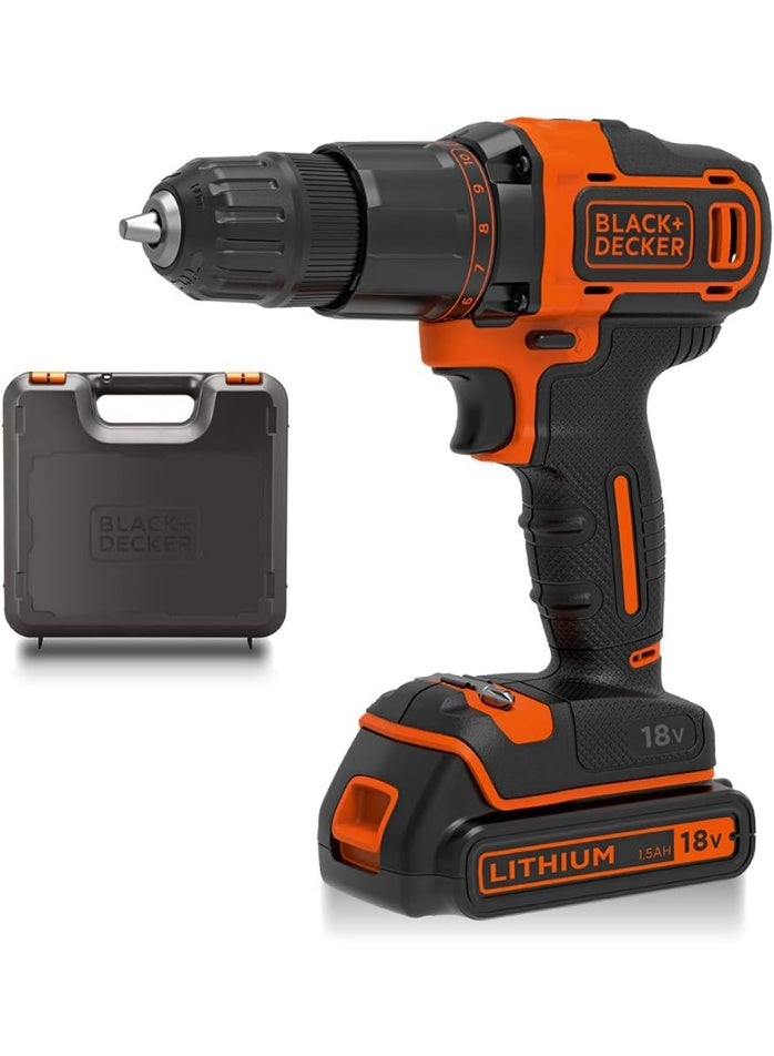18V 1.5Ah Li-Ion Cordless Electric Compact Drill Driver with 2 Batteries in Kitbox for Wood Drilling & Screwdriving/Fastening, Orange/Black - BCD001C2K-GB, Orange/Black - Image 1