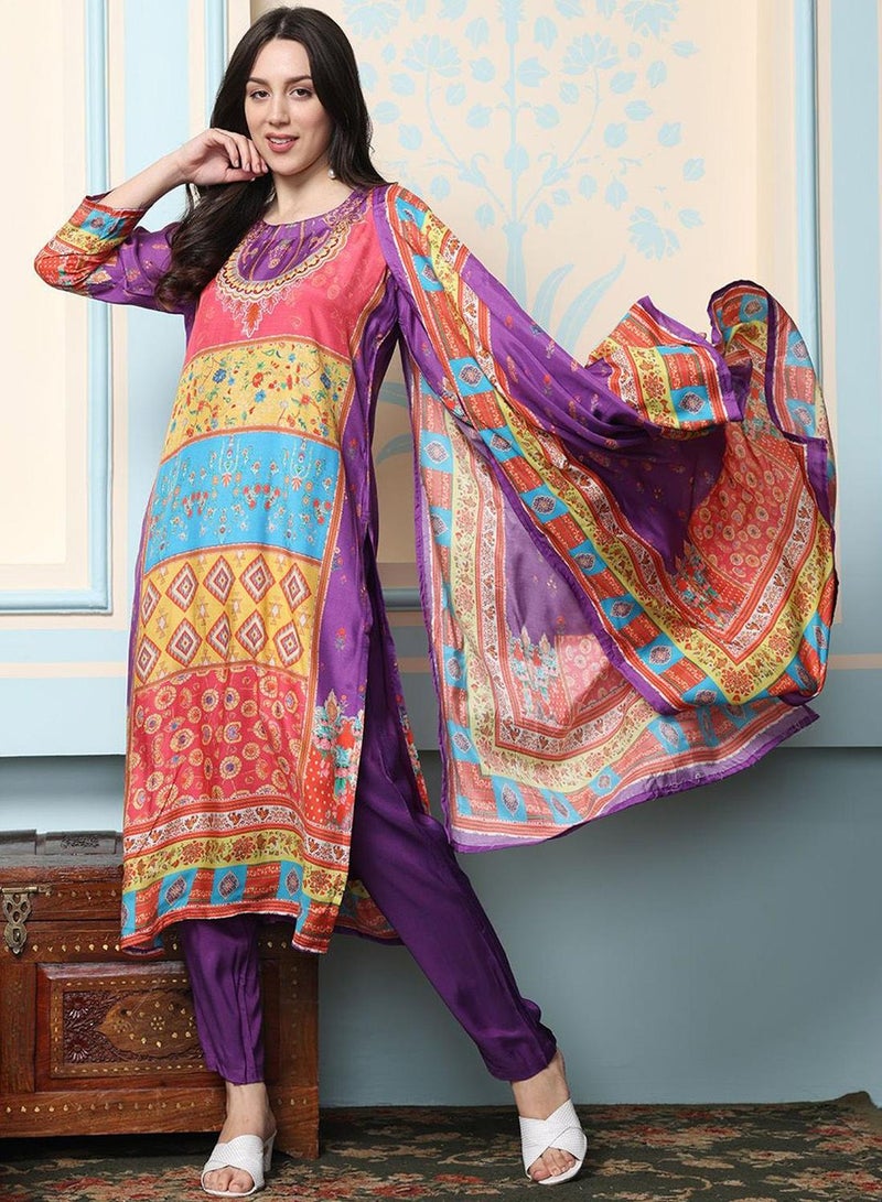 ISHIN Women's Multicoloured Viscose Blend Embellished Tunic Full Length Casual Straight Fit Kurta Set  - Image 5