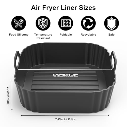 PINTAUR Square Silicone Air Fryer Liners 2 Pack, Compatible with Ninja AF141 181, 8.5 Inch Air Fryer Liners for COSORI 5-6.5 QT, Reusable Silicone Basket, Air Fryer Accessories - Image 2