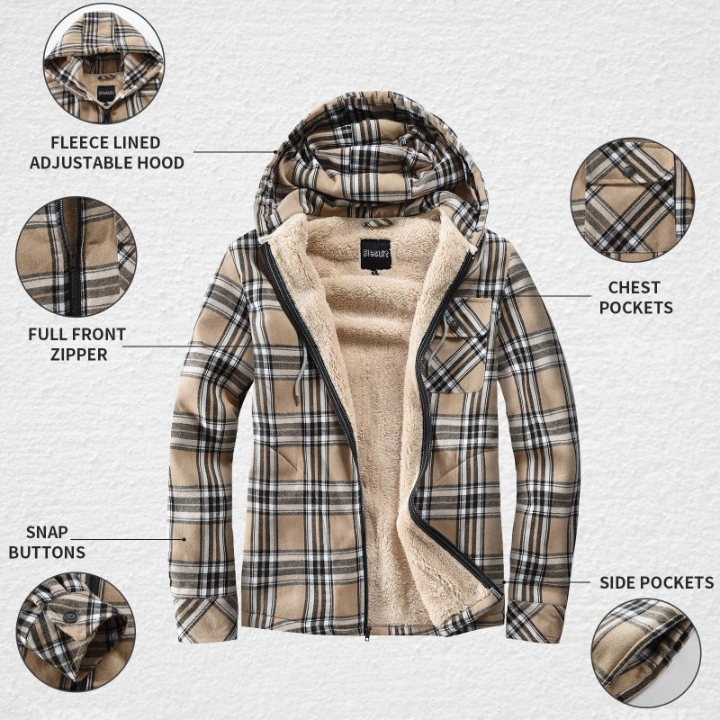 Elesuit Men's Full-Zip Fleece Jacket Sherpa Lined Plaid Hooded Shirt Jacket Flannel Hoodie for Men Khaki 3X-Large - Image 5