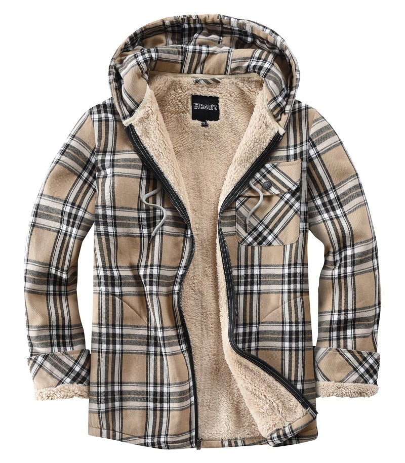 Elesuit Men's Full-Zip Fleece Jacket Sherpa Lined Plaid Hooded Shirt Jacket Flannel Hoodie for Men Khaki 3X-Large - Image 1