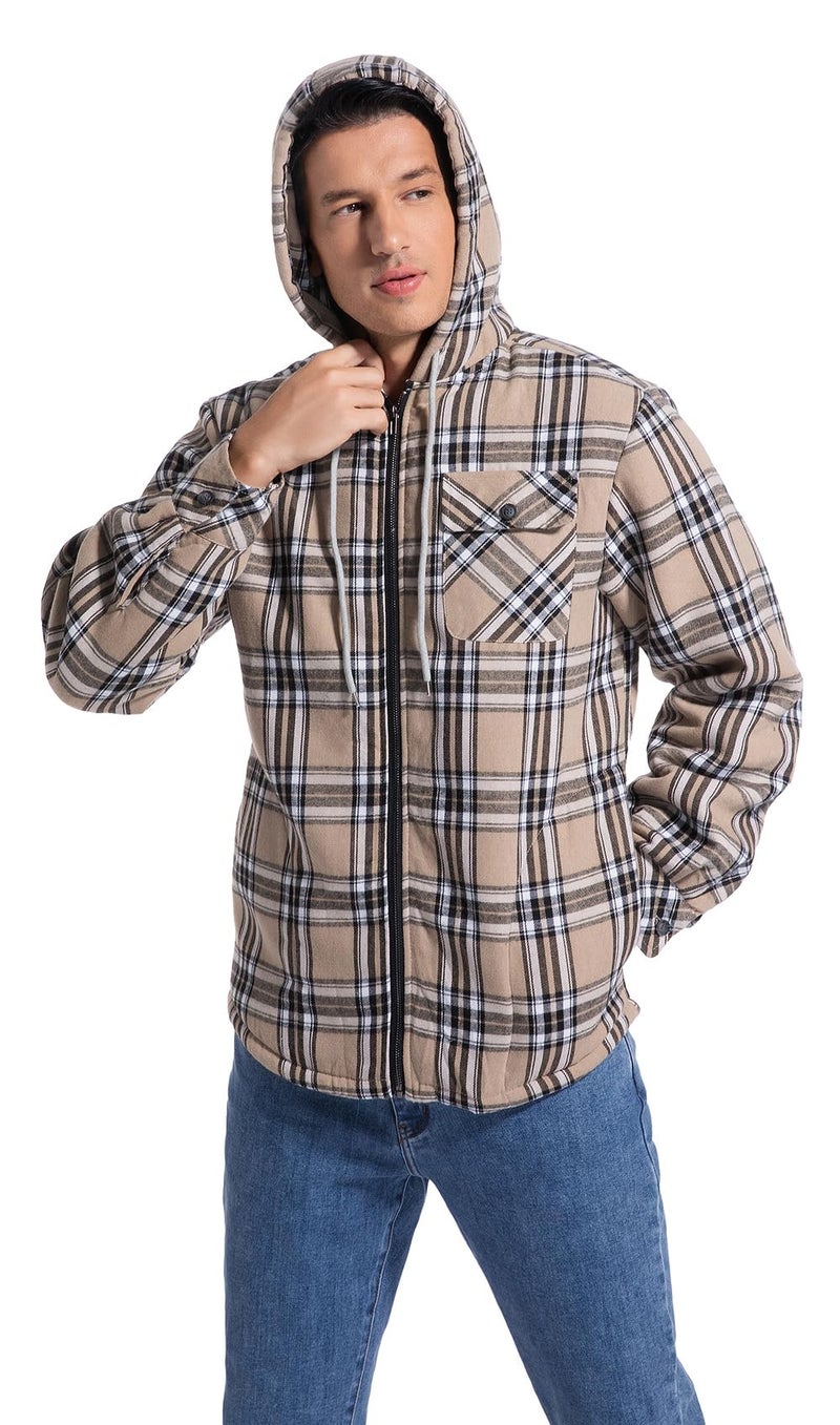 Elesuit Men's Full-Zip Fleece Jacket Sherpa Lined Plaid Hooded Shirt Jacket Flannel Hoodie for Men Khaki 3X-Large - Image 2