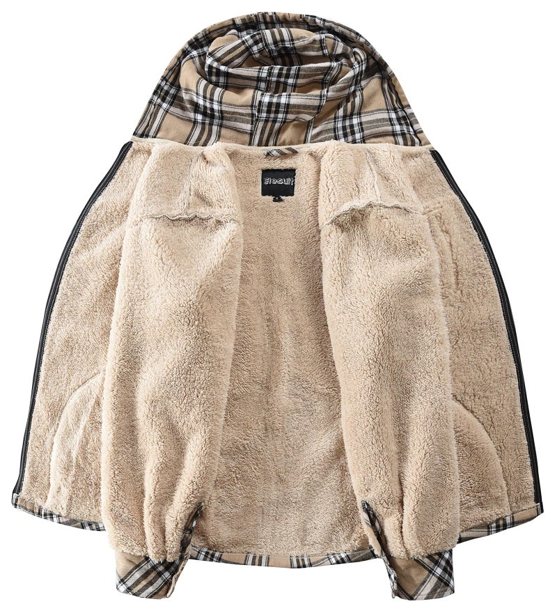 Elesuit Men's Full-Zip Fleece Jacket Sherpa Lined Plaid Hooded Shirt Jacket Flannel Hoodie for Men Khaki 3X-Large - Image 3