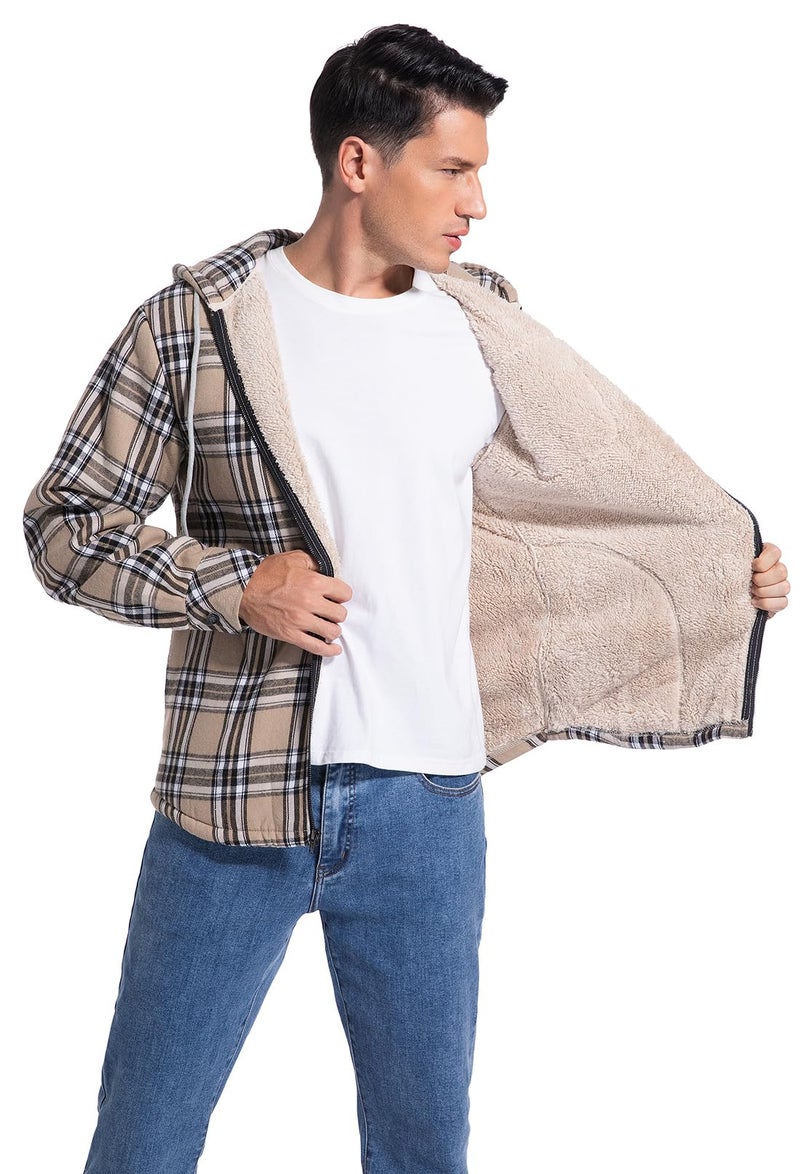 Elesuit Men's Full-Zip Fleece Jacket Sherpa Lined Plaid Hooded Shirt Jacket Flannel Hoodie for Men Khaki 3X-Large - Image 4