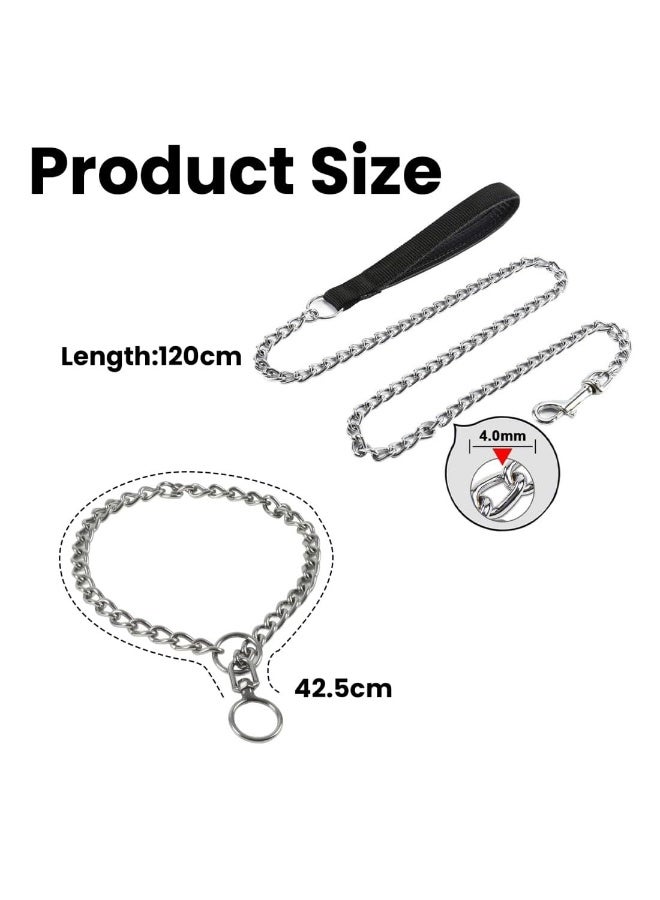 Bite Resistant Metal Dog Leash with Matching Collar Set, Heavy Duty Iron Chain Leash for Small & Medium Dogs, 120cm x 4mm Sturdy Walking Lead with Padded Comfort Handle (Silver) - Image 2