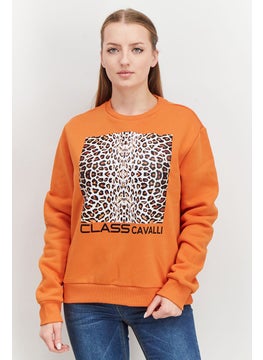 Women Round Neck Animal Print Long Sleeve Sweatshirts, Orange Combo