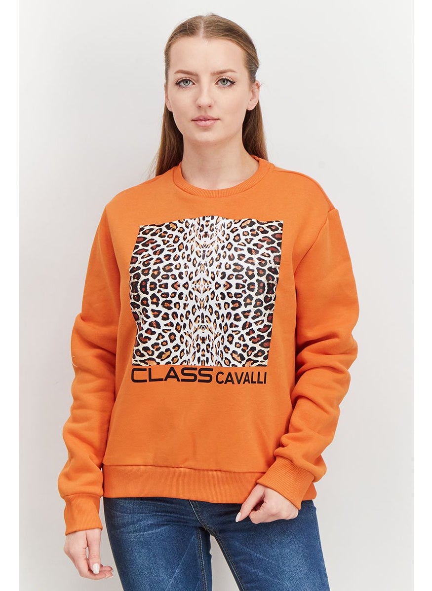 Cavalli Class - Women Round Neck Animal Print Long Sleeve Sweatshirts, Orange Combo - Image 1