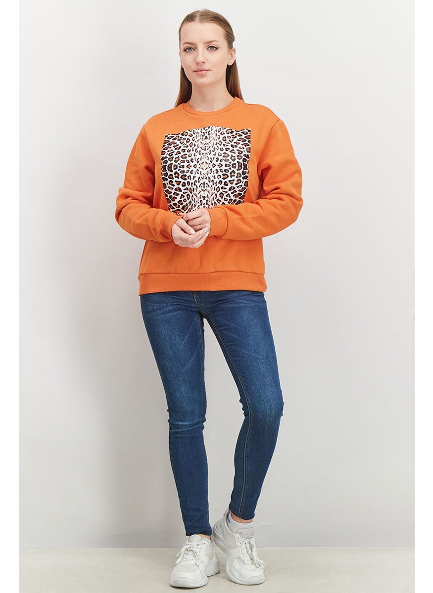 Cavalli Class - Women Round Neck Animal Print Long Sleeve Sweatshirts, Orange Combo - Image 1