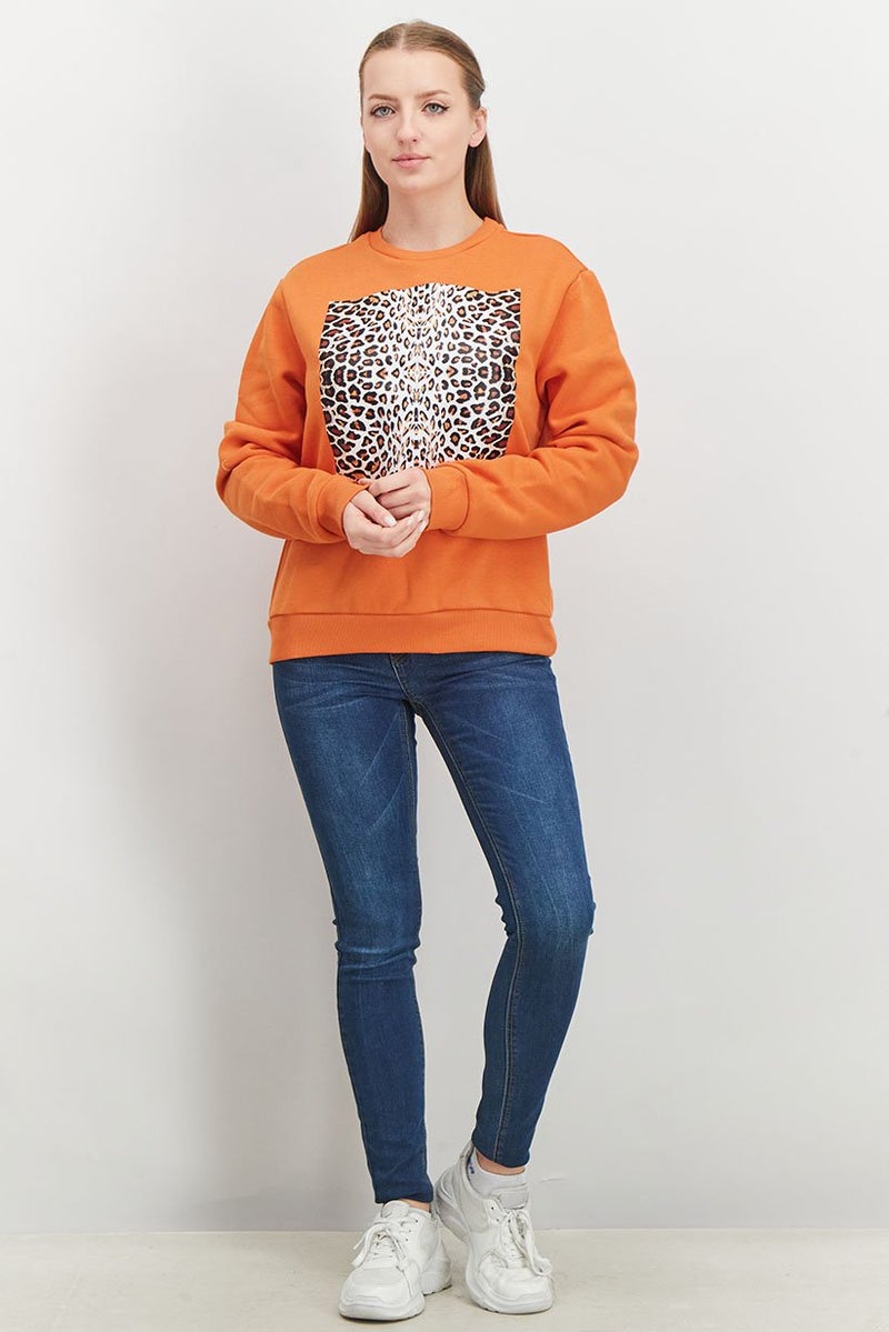 Cavalli Class Women Round Neck Animal Print Long Sleeve Sweatshirts, Orange - Image 4