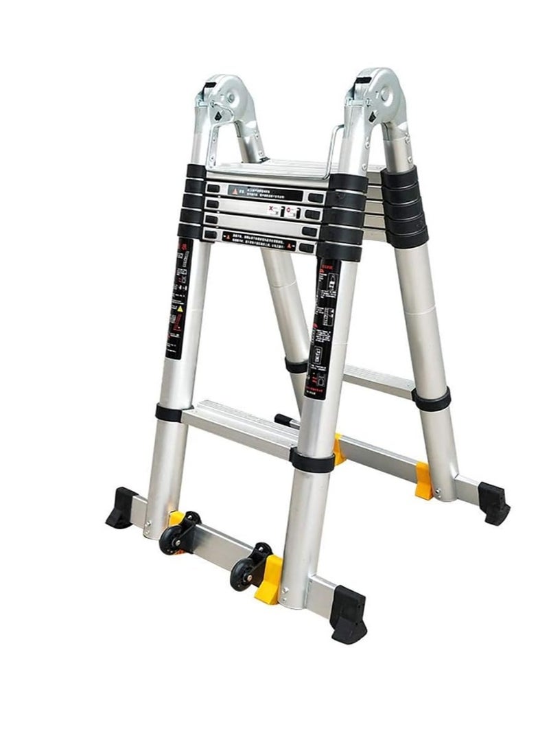 Outdoor telescopic multi-purpose ladder made of aluminum with A-frame design, extendable with wheels, load capacity of 330 pounds, 3.6 meters + 3.6 meters = 7.2 meters (23.6 feet). - Image 1
