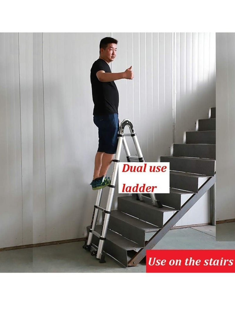 Outdoor telescopic multi-purpose ladder made of aluminum with A-frame design, extendable with wheels, load capacity of 330 pounds, 3.6 meters + 3.6 meters = 7.2 meters (23.6 feet). - Image 4