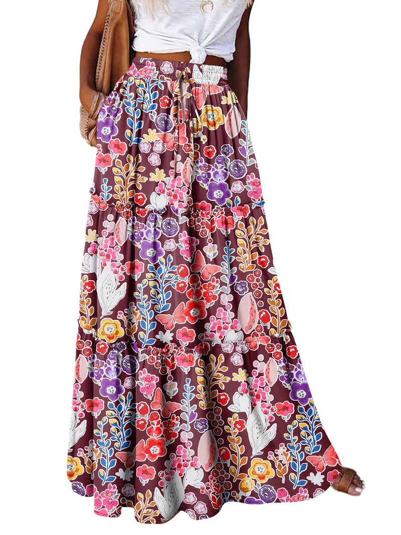 onlypuff Maxi Skirt for Women Boho Western Skirts High Waist Long Skirt with Pockets Fall Festival Outfits Clothing FloralRoseRed L - Image 4