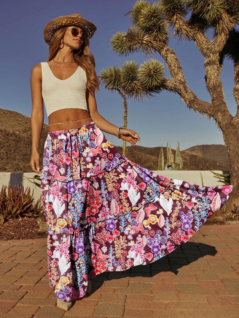 onlypuff Maxi Skirt for Women Boho Western Skirts High Waist Long Skirt with Pockets Fall Festival Outfits Clothing FloralRoseRed L - Image 2
