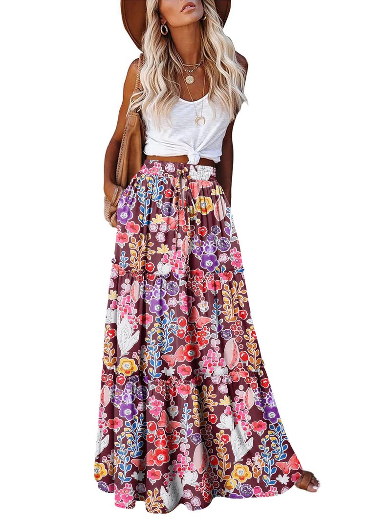 onlypuff Maxi Skirt for Women Boho Western Skirts High Waist Long Skirt with Pockets Fall Festival Outfits Clothing FloralRoseRed L - Image 1