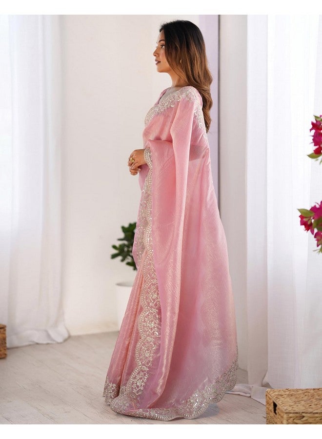 SIRIL Women's Tissue Silk Sequence Embroidery Border Saree With Unstitched Blouse Piece (4282S6778_Rose Pink) - Image 2