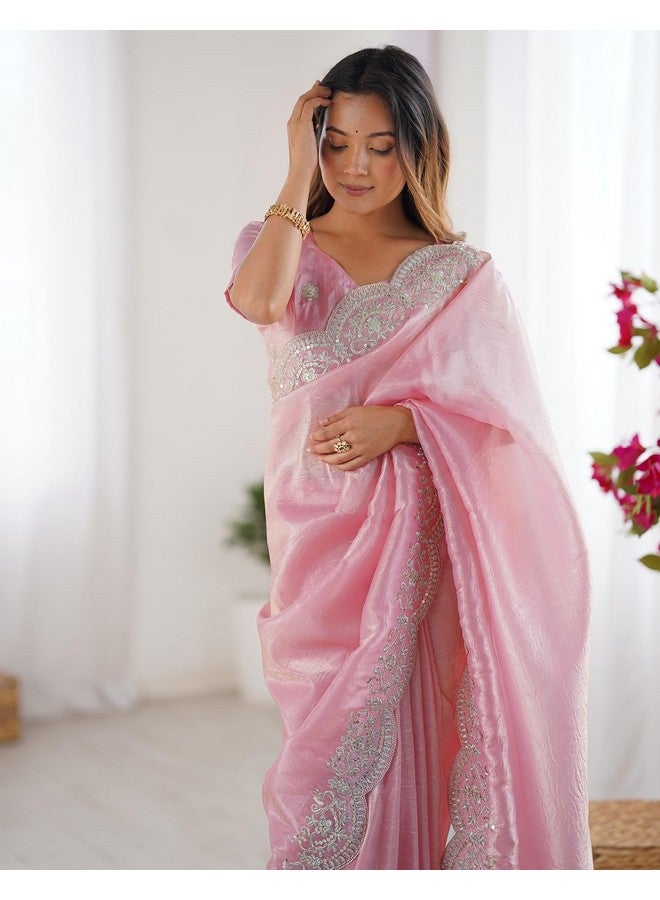 SIRIL Women's Tissue Silk Sequence Embroidery Border Saree With Unstitched Blouse Piece (4282S6778_Rose Pink) - Image 4