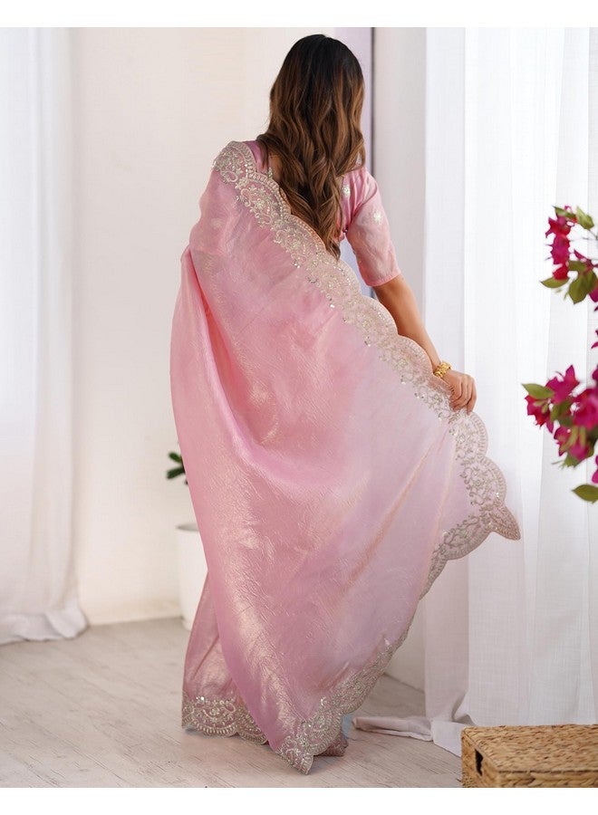 SIRIL Women's Tissue Silk Sequence Embroidery Border Saree With Unstitched Blouse Piece (4282S6778_Rose Pink) - Image 5