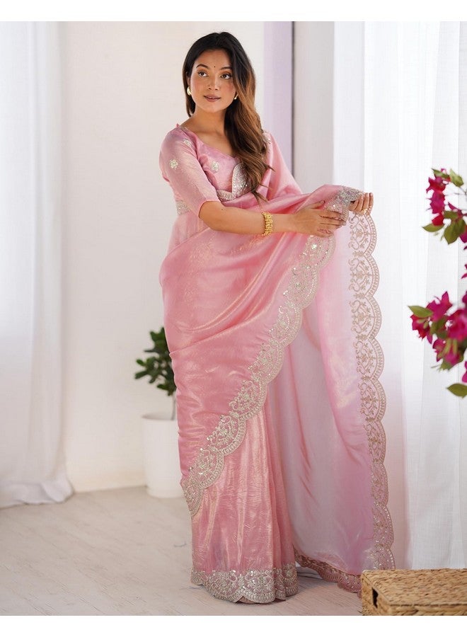 SIRIL Women's Tissue Silk Sequence Embroidery Border Saree With Unstitched Blouse Piece (4282S6778_Rose Pink) - Image 3