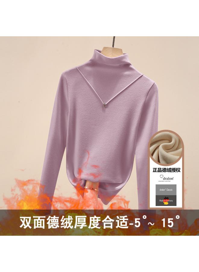 Double-sided Velvet Bottoming Shirt For Women Spring And Autumn With Western Style Half Turtleneck Fleece-lined Women's Long-sleeved T-shirt Warm Top