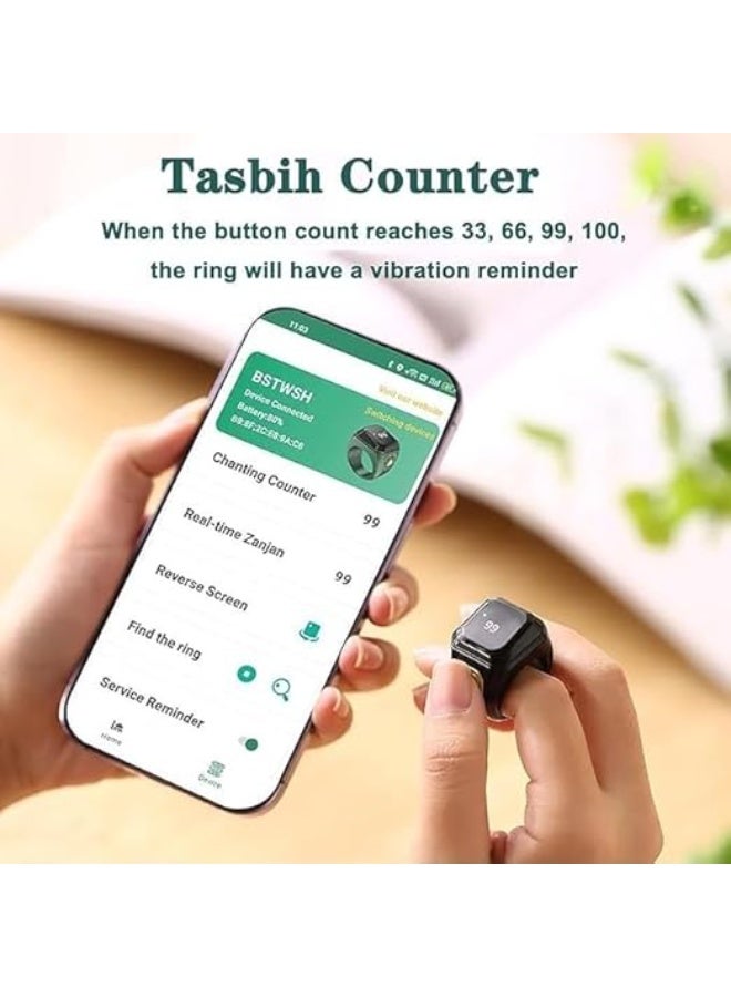 عداد أصابع رقمي ومُنبّه وقت الصلاة - جهاز إسلامي عصري مع شاشة OLED ومتعقب تسبيح، خاتم مقاوم للماء - 18 مم - أسود - Image 3
