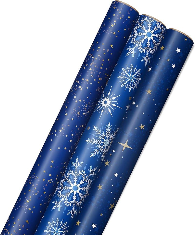 Hallmark Christmas Wrapping Paper Rolls - Navy Blue and Gold Stars, Snowflakes, Winter Galaxy Gift Wrap Paper (3 Rolls: 120 sq. ft. ttl.) for Holiday Parties, Hanukkah, Winter Weddings - Image 1