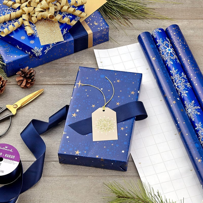 Hallmark Christmas Wrapping Paper Rolls - Navy Blue and Gold Stars, Snowflakes, Winter Galaxy Gift Wrap Paper (3 Rolls: 120 sq. ft. ttl.) for Holiday Parties, Hanukkah, Winter Weddings - Image 2