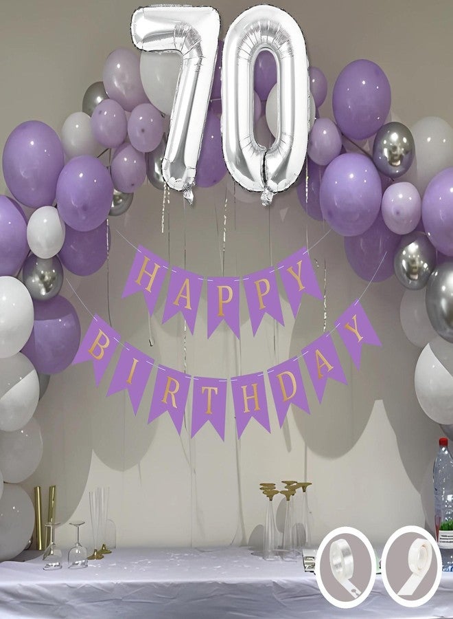 Flyloons 70th Birthday Decoration Items Purple and White Theme Combination for Boys Girls Men Women | 30 Pcs Purple White Silver Color Balloons | Purple Happy Birthday Banner | Arch Tape | Glue Dots - Image 1