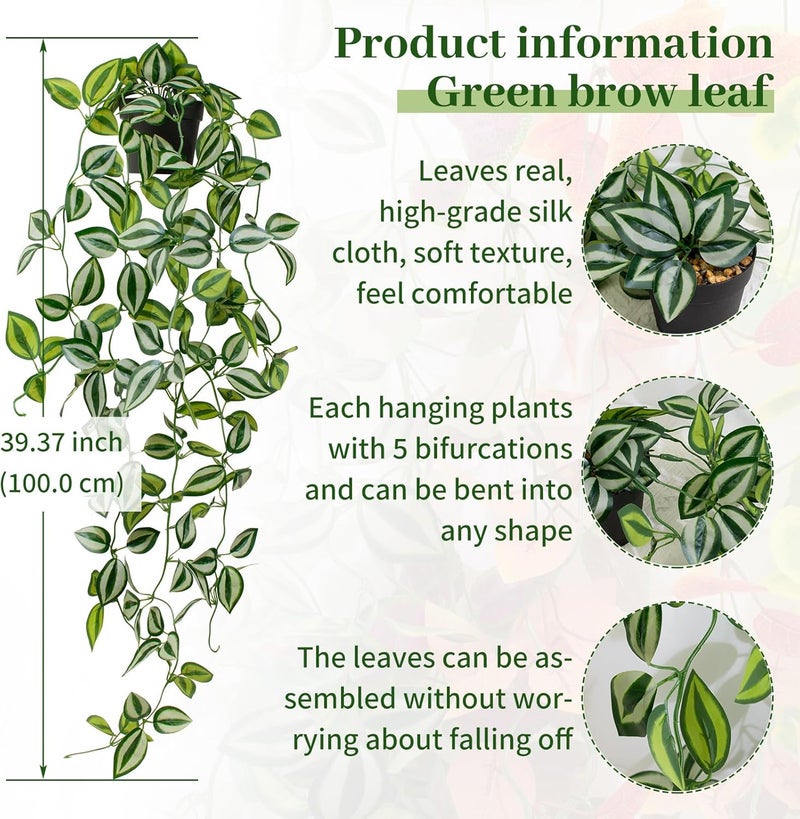 LUZOGA Artificial Plants Indoor Small Potted Hanging Vine plnat 39-in Long Fake Green Eyebrow Leaf Plant Faux Trailing Plant for Home Office Livingroom Desk Shelf Mantle Decoration (Black Pot) - Image 1