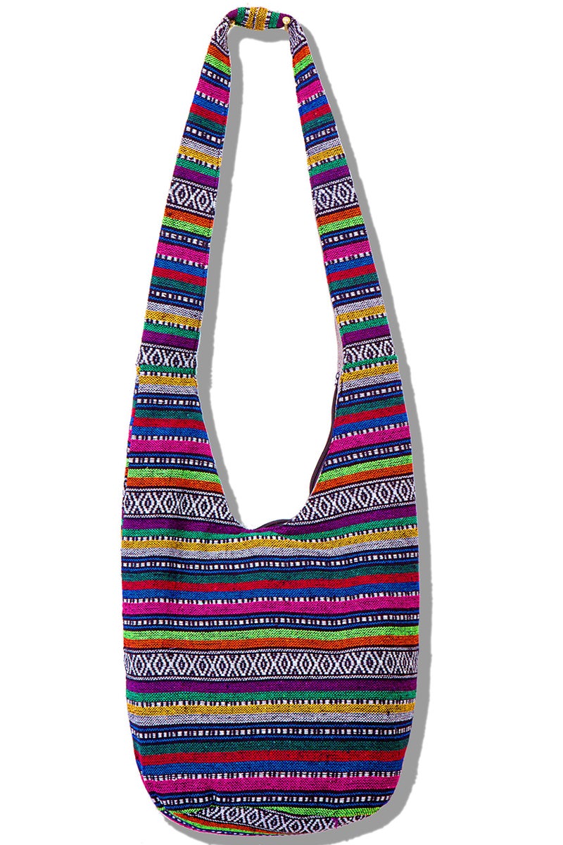 Chrysansmile Hippie Crossbody Bag Thai Top Zip Hobo Sling Bag Handmade Hipster Messenger Bag - Blue Line - Image 1