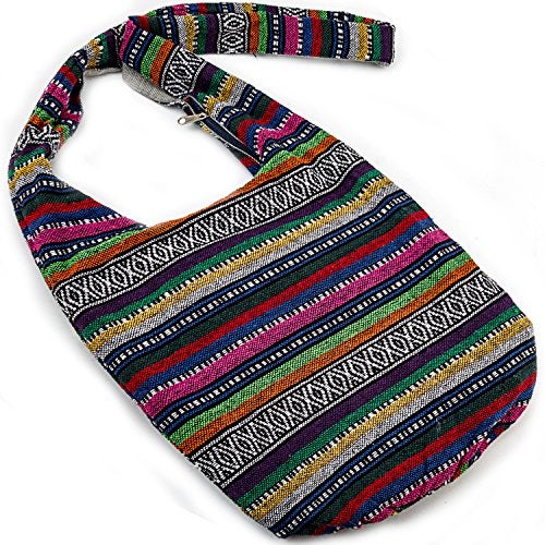 Chrysansmile Hippie Crossbody Bag Thai Top Zip Hobo Sling Bag Handmade Hipster Messenger Bag - Blue Line - Image 2