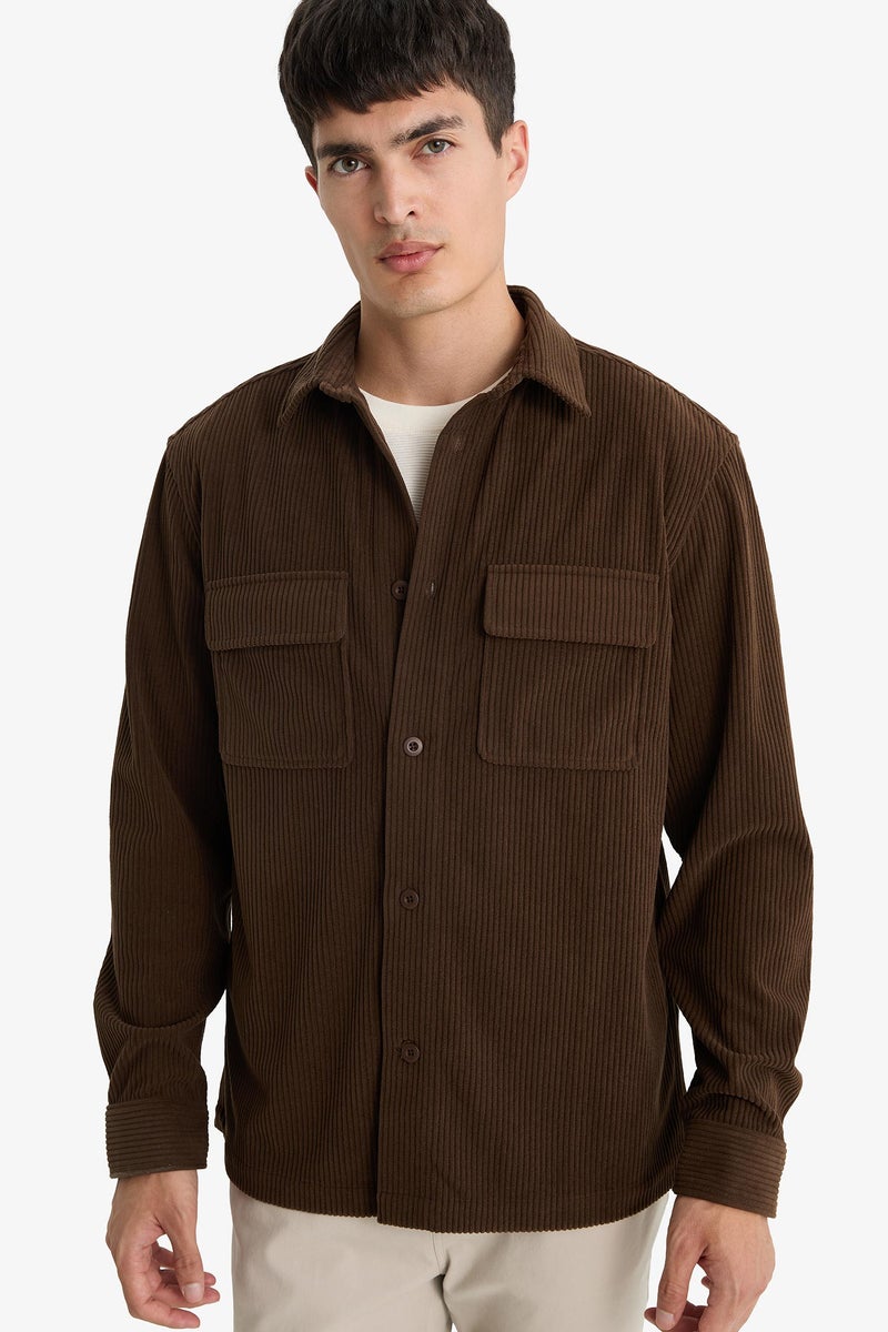 DeFacto Brown Man Regular Fit Polo Collar Long Sleeve Shirt Casual - Image 1