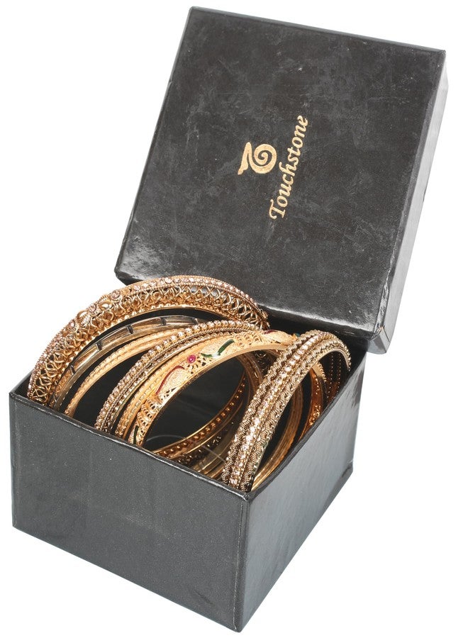 Touchstone Indian Bollywood Handcrafted Fabulous Grain Work Paisley Yellow Rhinestone Meenakari Enamel Capsule Designer Jewelry Bracelets Bangle. Set of 9. in Antique Gold Tone for Women. - Image 4