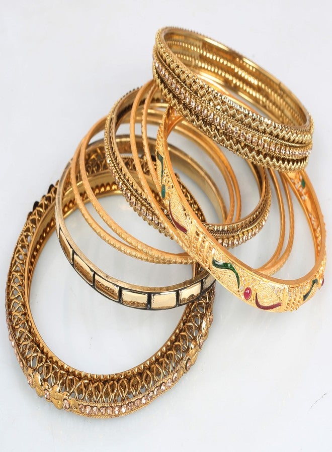 Touchstone Indian Bollywood Handcrafted Fabulous Grain Work Paisley Yellow Rhinestone Meenakari Enamel Capsule Designer Jewelry Bracelets Bangle. Set of 9. in Antique Gold Tone for Women. - Image 3