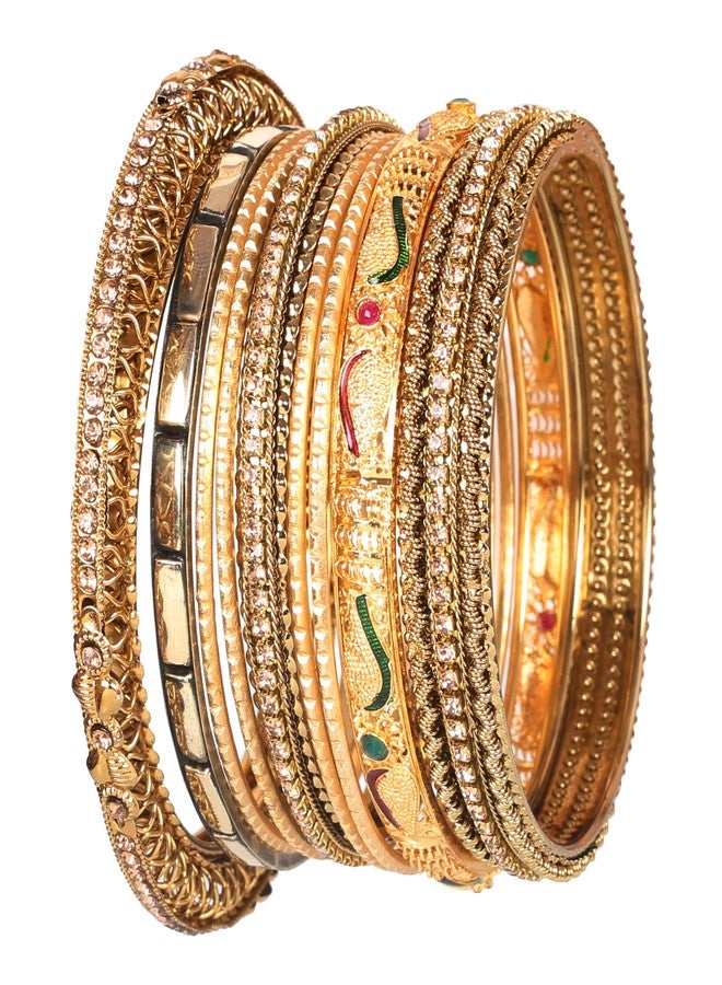 Touchstone Indian Bollywood Handcrafted Fabulous Grain Work Paisley Yellow Rhinestone Meenakari Enamel Capsule Designer Jewelry Bracelets Bangle. Set of 9. in Antique Gold Tone for Women. - Image 1