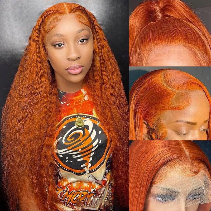 Daules Ginger Curly Lace Front Wigs Human Hair Deep Wave for Women 13x4 HD Transparent Pre Plucked Curly Wigs 180 Density Orange Colored Glueless Wig Super Soft True to length 30 Inch