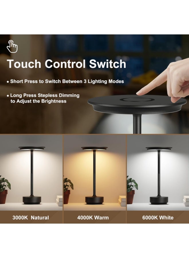 Rechargeable Cordless Table Lamps,Portable 5000mAh Table Light Touch 3 Color Stepless Dimming Battery Powered LED Metal Table Lamp for Restaurant/Home/Outdoor/Camping.(Black) - Image 2