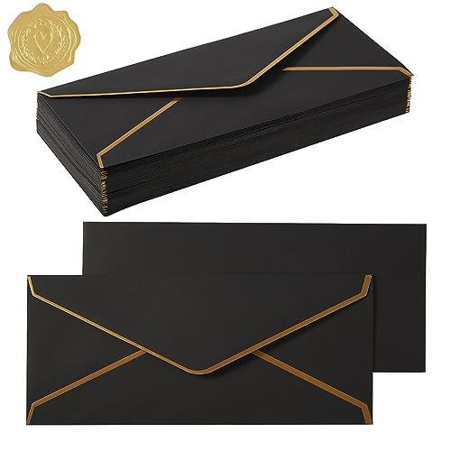 Topeen 100 Pack #10 Business Envelopes with Gold Border, Self Seal Standard Envelopes with Gold Stickers for Office, Checks, Letter Mailing, Invoices, 4 1/8 x 9 1/2 Inches (Black) - Image 1