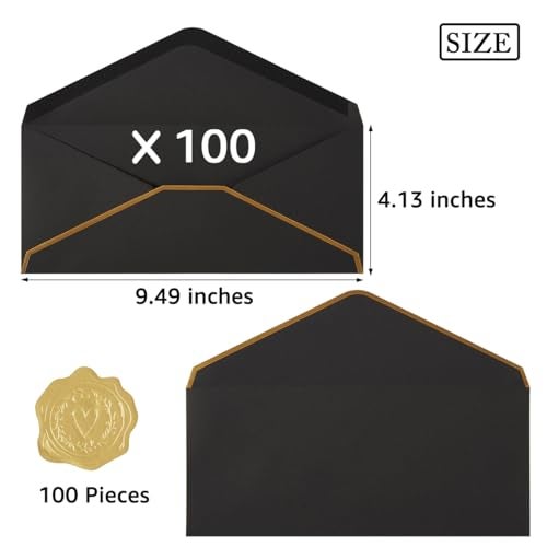 Topeen 100 Pack #10 Business Envelopes with Gold Border, Self Seal Standard Envelopes with Gold Stickers for Office, Checks, Letter Mailing, Invoices, 4 1/8 x 9 1/2 Inches (Black) - Image 2