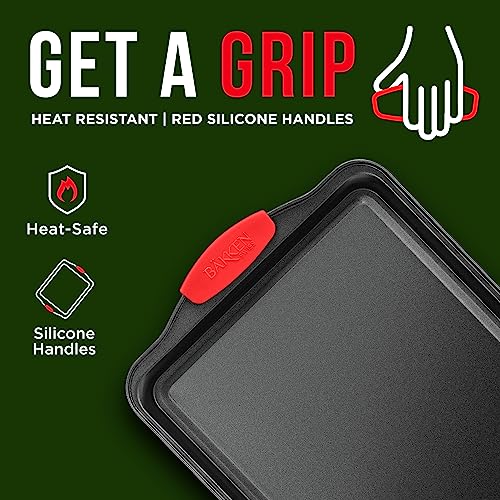 BAKKENMASTER Nonstick Cookie Sheet Pan Carbon Steel Oven Tray Sheet Pan with Red Silicone Handles -Medium Bakeware Pan Tray with Gray Coating Inside & Outside - Image 4