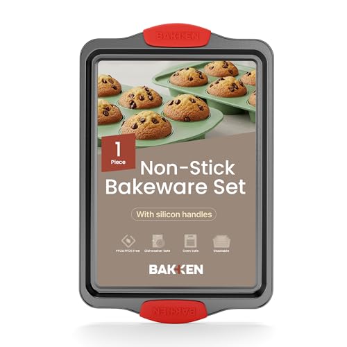 BAKKENMASTER Nonstick Cookie Sheet Pan Carbon Steel Oven Tray Sheet Pan with Red Silicone Handles -Medium Bakeware Pan Tray with Gray Coating Inside & Outside - Image 1