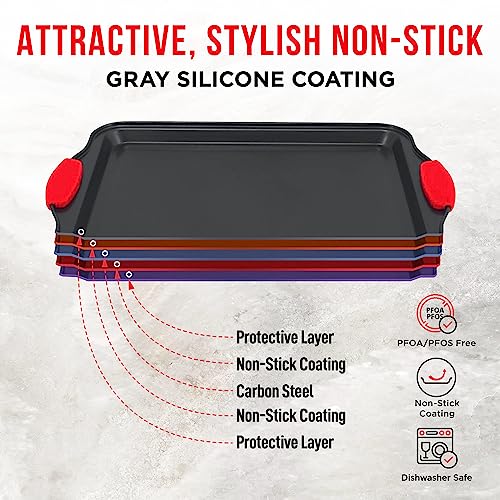 BAKKENMASTER Nonstick Cookie Sheet Pan Carbon Steel Oven Tray Sheet Pan with Red Silicone Handles -Medium Bakeware Pan Tray with Gray Coating Inside & Outside - Image 5