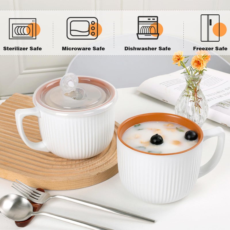 ZEBERBO Ceramic Soup Bowls with Vented Lid, 32 Ounce Soup Mug with Handle, 2packs 5 inch Jumbo Soup Cups, Wide Large Cereal Bowl for Oatmeal, Gumbo Salad, Microwave Oven Safe (Maple Brown Inside) - Image 4