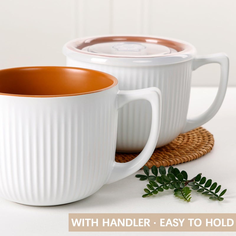 ZEBERBO Ceramic Soup Bowls with Vented Lid, 32 Ounce Soup Mug with Handle, 2packs 5 inch Jumbo Soup Cups, Wide Large Cereal Bowl for Oatmeal, Gumbo Salad, Microwave Oven Safe (Maple Brown Inside) - Image 3