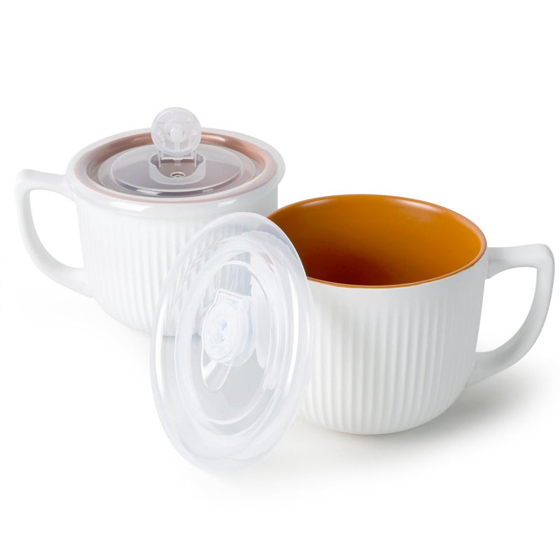 ZEBERBO Ceramic Soup Bowls with Vented Lid, 32 Ounce Soup Mug with Handle, 2packs 5 inch Jumbo Soup Cups, Wide Large Cereal Bowl for Oatmeal, Gumbo Salad, Microwave Oven Safe (Maple Brown Inside) - Image 1