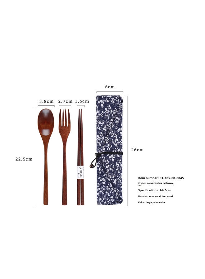 Yfjy Special Season Japanese Wooden Chopsticks Spoon Fork Portable One-person Spoon Fork Chopsticks Picnic Three-piece Cloth Bag-Specifications:(Lotus Wood) 22.5 Spoon And Fork Chopsticks Big Paint + Morning Glory  - Image 1