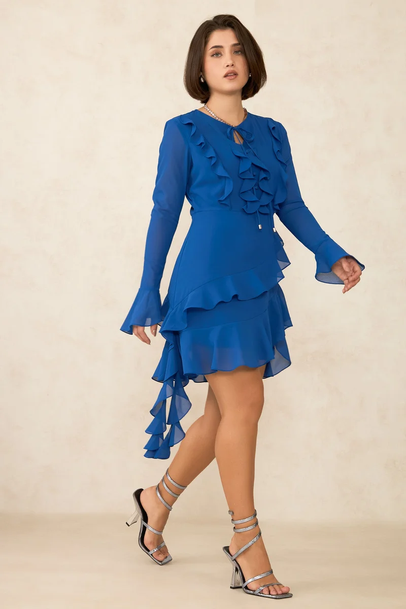 فيرجيو Georgette Ruffle Vacation Detailed Mini Dresses for Women