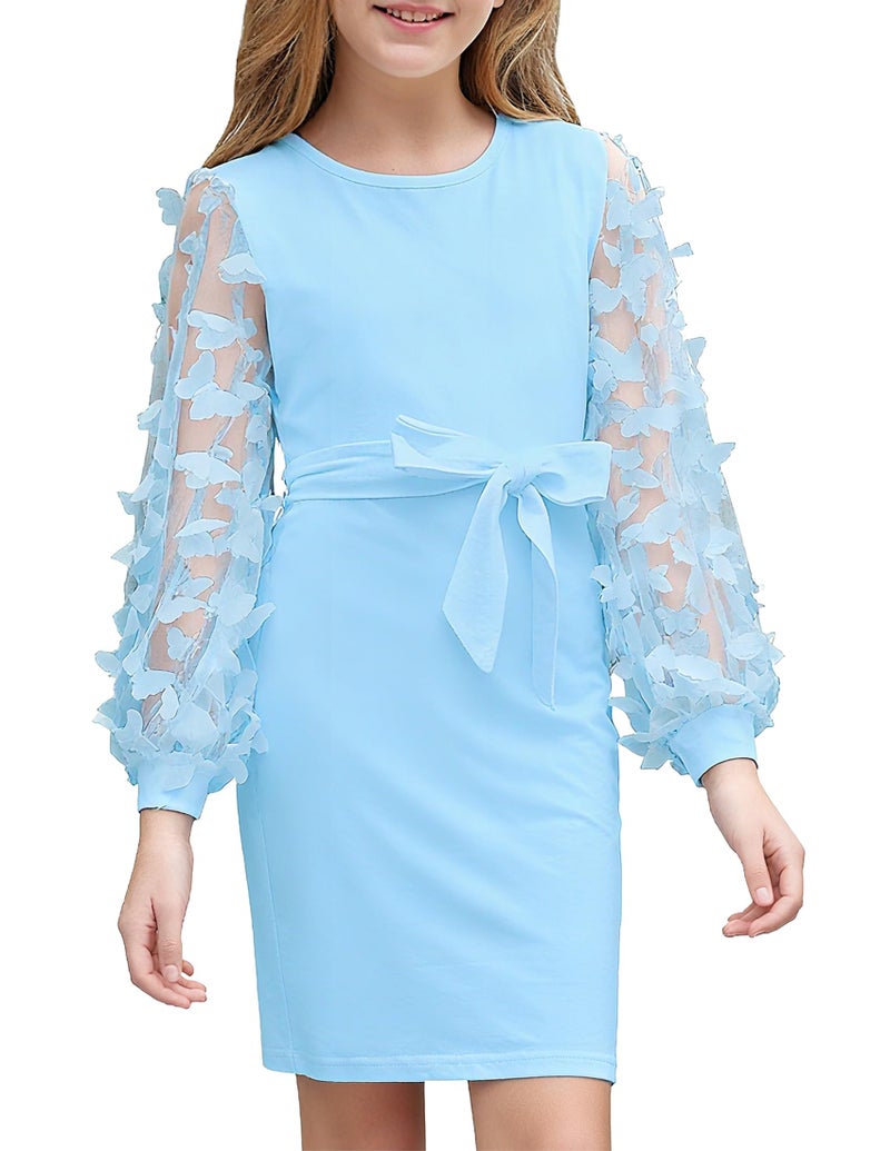 ALISISTER Girls Blue Dress Puff Long Sleeve Butterflies Mesh Birthday Party Formal Easter Dresses with Belt for Tween Kids 12 Year Old - Image 1