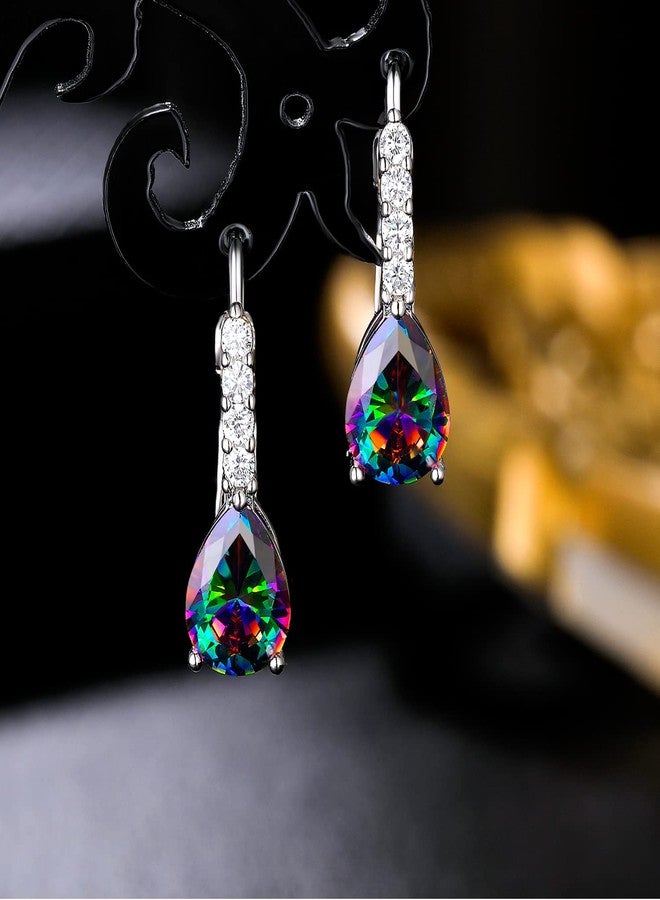 VOLUKA Teardrop Earrings for Women|7x9mm Pear-shaped Created Rainbow Mystic Halo CZ Dangle Earrings|18K White Gold Plated Drop Earrings Hypoallergenic Jewelry Gift - Image 5