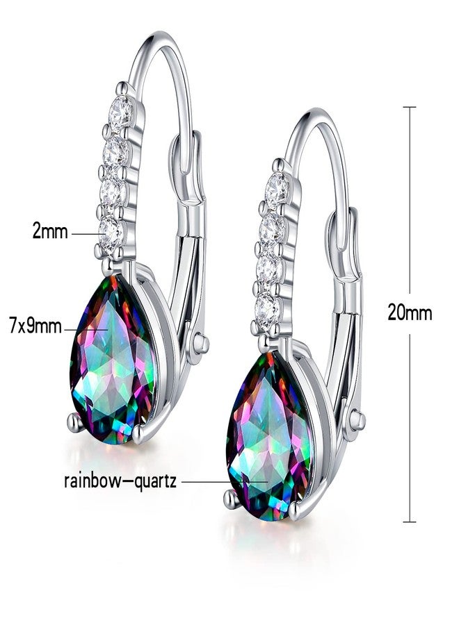 VOLUKA Teardrop Earrings for Women|7x9mm Pear-shaped Created Rainbow Mystic Halo CZ Dangle Earrings|18K White Gold Plated Drop Earrings Hypoallergenic Jewelry Gift - Image 3
